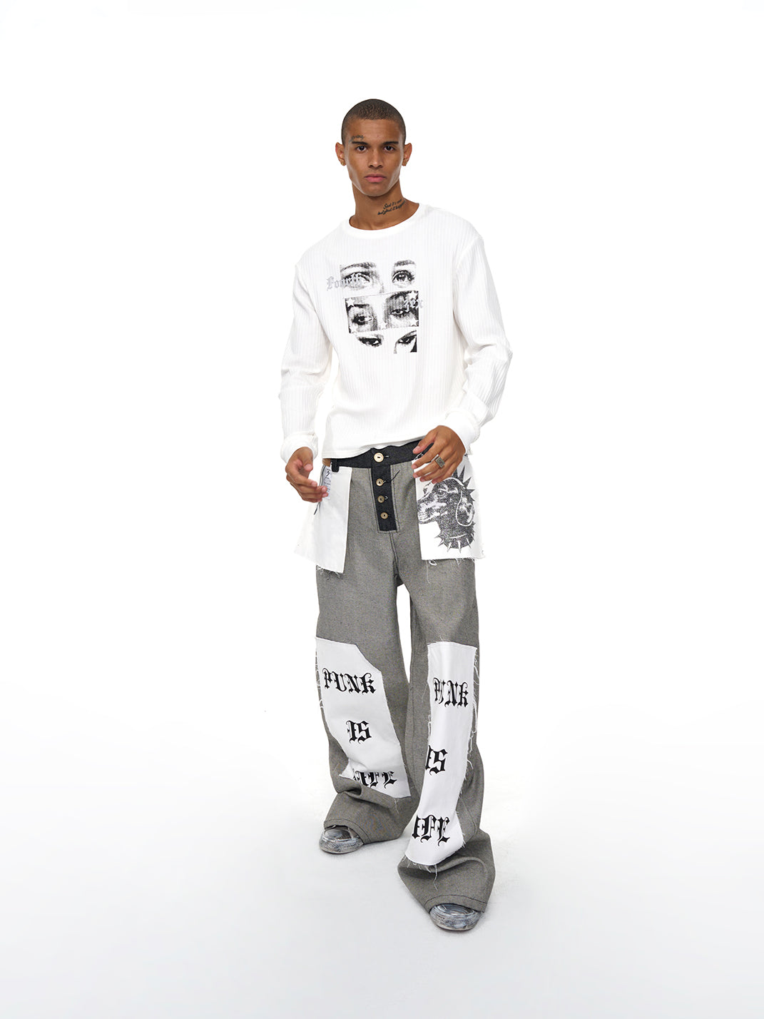 Fourth3ex | Letter Print Reverse Denim Wide Jeans - PSYLOS 1, Fourth3ex | Letter Print Reverse Denim Wide Jeans, Jeans, Fourth3ex, PSYLOS 1